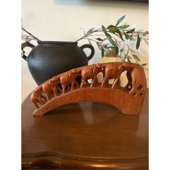 Hand carved Wood Elephant Train Bridge Made in Thailand 5 Elephants - Picture 5 of 13